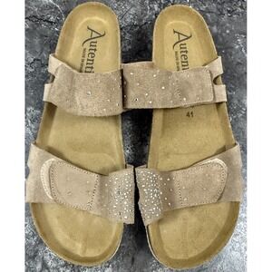 Autenti Womens Two Band Embellished Leather Comfort Sandal Slides Beige 41/10 🆕